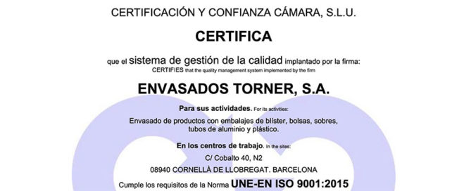 Envasados Torner obtiene la certificación ISO 9001